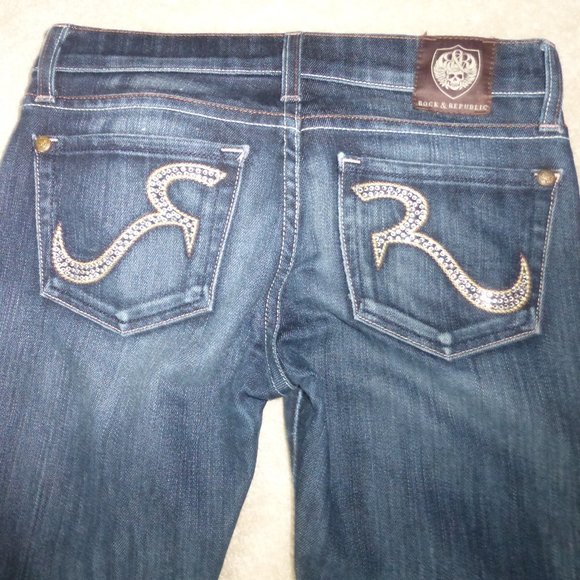ROCK & REPUBLIC off white rhinestones "Kasandra" boot cut dark wash jeans - Picture 1 of 14